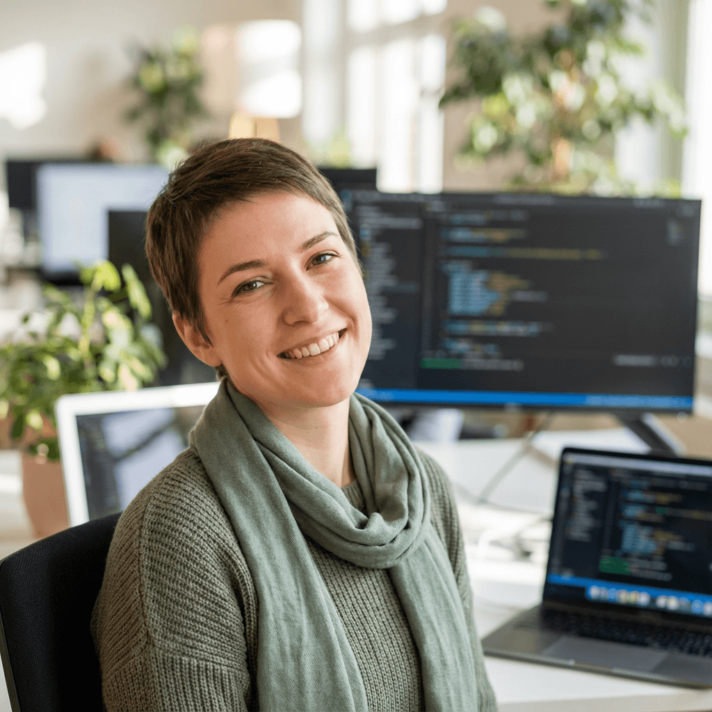 Female team lead in her late 20s in a bright office
