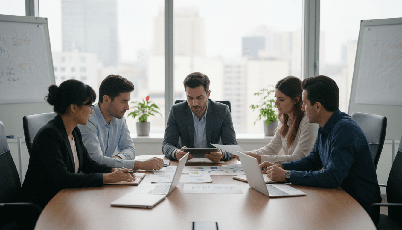 Professional trainer leading a small group discussion in a bright conference room